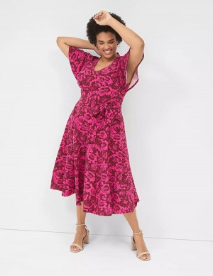 Lane Bryant Lena V-Neck Level-Hem Women Midi Dress Pink | QYT4342EX