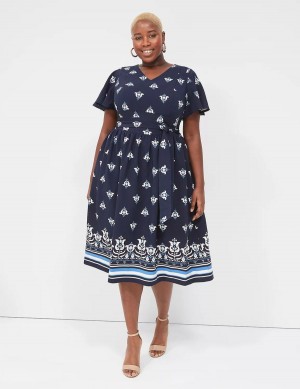 Lane Bryant Lena V-Neck Level-Hem Women Midi Dress Blue | COB8851ZN