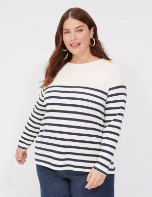 Lane Bryant Long-Sleeve Boatneck Top Women T Shirts Navy Stripes | ODB7741AP