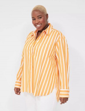 Lane Bryant Long-Sleeve Button-Down Boyfriend Women Shirts Orange Stripes | UFA4316YP