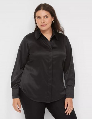 Lane Bryant Long-Sleeve Button-Down Satin Women Shirts Black | XGY5738XX