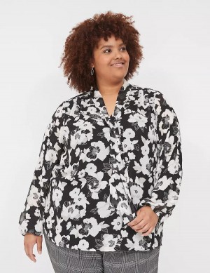 Lane Bryant Long-Sleeve Tie-Neck Popover Women Blouse Black White | BZU8841LM