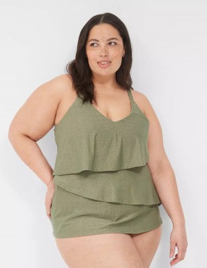 Lane Bryant Lurex No-Wire Three-Tier Tankini Women Bikini Top Green | TXH3915LL