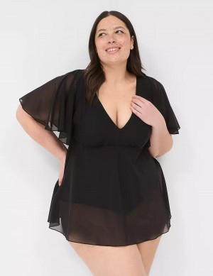 Lane Bryant No-Wire Flutter-Sleeve Swim Women Dress Black | YBQ6326ZT