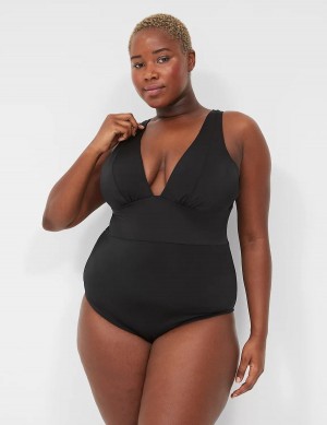 Lane Bryant No-Wire Plunge One-Piece Women Swimsuits Black | VSU1569BB