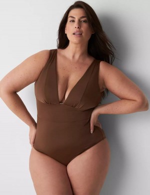 Lane Bryant No-Wire Plunge One-Piece Women Swimsuits Dark Brown | MCP1335XD