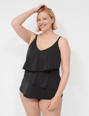 Lane Bryant No-Wire Three-Tier Tankini Women Bikini Top Black | PKZ9414OY