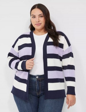 Lane Bryant Open-Front Stripe Women Cardigan Purple Navy Stripes | CEJ720QZ