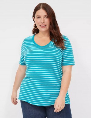 Lane Bryant Perfect Sleeve V-Neck Tee Women T Shirts Turquoise Stripes | RLN3722MG