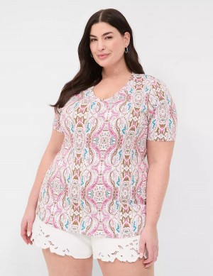 Lane Bryant Perfect Sleeve V-Neck Tee Women T Shirts Pink | WST2165YE