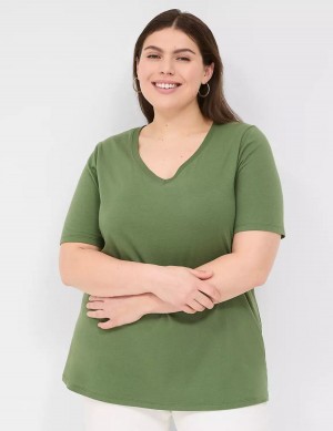 Lane Bryant Perfect Sleeve V-Neck Tee Women T Shirts Brown Green | LXW1416EG