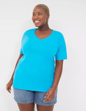 Lane Bryant Perfect Sleeve V-Neck Tee Women T Shirts Blue | LUW2815XO