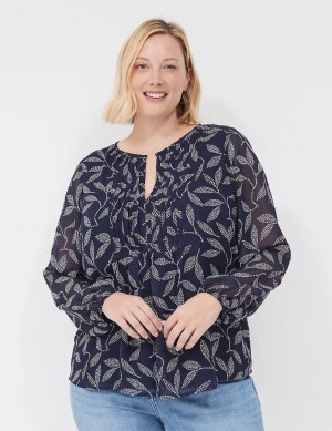 Lane Bryant Pin-Tuck Crew-Neck Women Blouse Navy | UYM1556MO