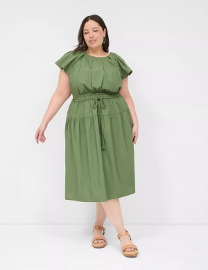 Lane Bryant Pleated Crew-Neck Women Midi Dress Brown Green | SUE5674NT