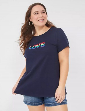 Lane Bryant Pride Embroidered Rainbow Love Graphic Tee Women T Shirts Blue | YXW974MN