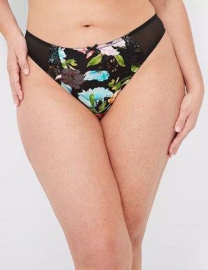 Lane Bryant Printed Lace-Trim Women Thong Panty Black | UMJ4722ZB