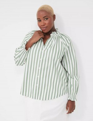 Lane Bryant Relaxed Button-Front Women Blouse Green Stripes | IXS6264ZN