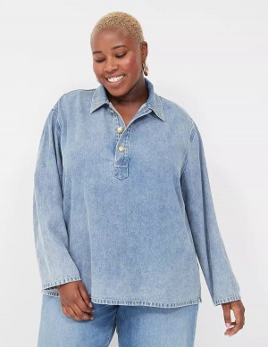 Lane Bryant Relaxed Collared Denim Popover Women Shirts Light Blue | WUG1733QB