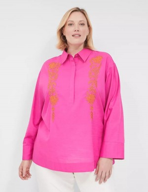 Lane Bryant Relaxed Collared Embroidered Tunic Women Shirts Fuchsia | WFW6628QM