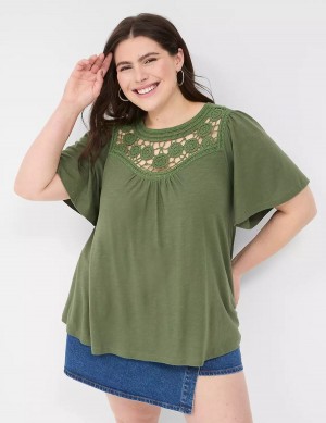 Lane Bryant Relaxed Crochet Crew-Neck Top Women T Shirts Brown Green | VNK844XZ