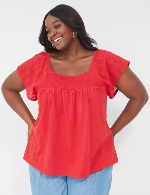 Lane Bryant Relaxed Eyelet-Sleeve Smocked-Neck Top Women T Shirts Red | GFO8622UP