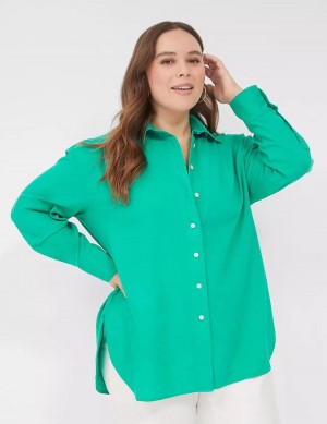 Lane Bryant Relaxed Linen Button-Down Women Shirts Turquoise | EXU3567NK