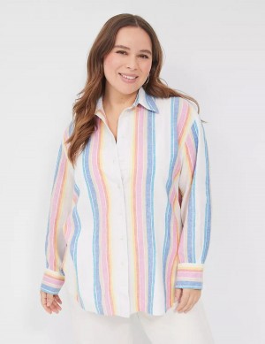 Lane Bryant Relaxed Linen Button-Down Women Shirts White Multicolor Stripes | QVE3528QD