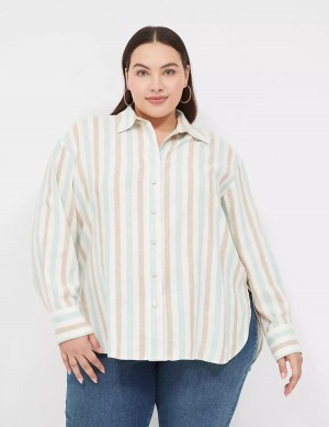 Lane Bryant Relaxed Linen Button-Down Women Shirts White Multicolor Stripes | OLK1137DD