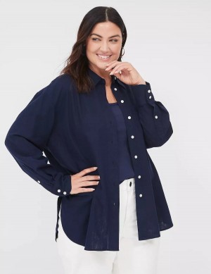 Lane Bryant Relaxed Linen Button-Down Women Shirts Blue | YTV2174SM