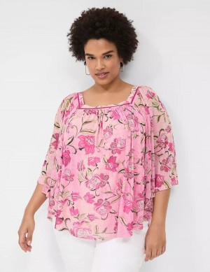 Lane Bryant Relaxed Square-Neck Trimmed Circle Drama Top Women Blouse Pink | USV6086PD