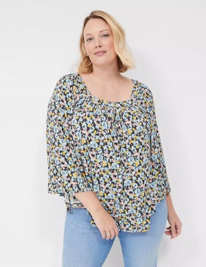 Lane Bryant Relaxed Square-Neck Trimmed Circle Drama Top Women Blouse Blue Coral | SXI2232JW