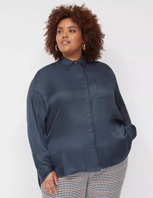 Lane Bryant Satin Button-Down Boyfriend Women Shirts Blue | POJ5849SY