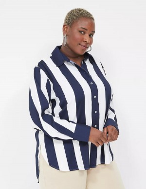 Lane Bryant Satin Easy Collared Stripe Button-Down Women Shirts Navy White Stripes | APY6698KB