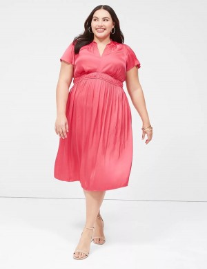 Lane Bryant Satin Flutter-Sleeve Ruffle V-Neck Women Midi Dress Pink | NKH6319UU