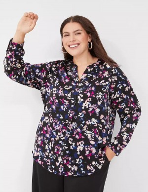 Lane Bryant Satin Ruched-Shoulder Women Blouse Black Multicolor | SXM3657UP