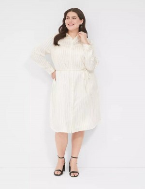 Lane Bryant Satin Shirt Overpiece Women Casual Dress White Black Stripes | EQK2514KL