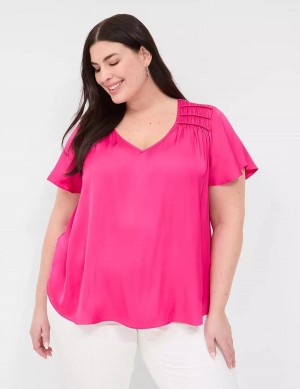 Lane Bryant Satin Smocked-Shoulder Women Blouse Pink | VJP2577LA