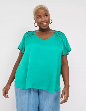 Lane Bryant Satin Smocked-Shoulder Women Blouse Light Turquoise | CJO5747SO