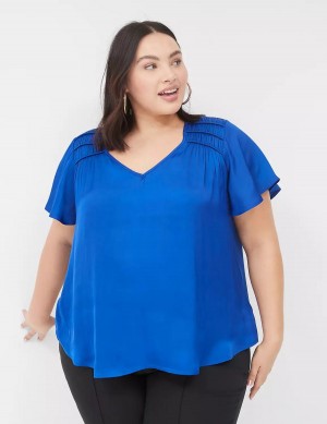 Lane Bryant Satin Smocked-Shoulder Women Blouse Blue | AZQ4213ZI