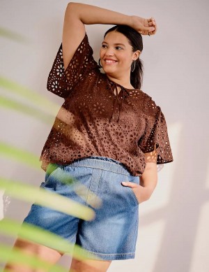 Lane Bryant Sheer Flutter-Sleeve Eyelet Top Women T Shirts Brown | CBB3348CW