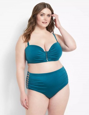 Lane Bryant Shimmer Strappy Ruched-Side Swim Women Briefs Blue | JRR74100EO