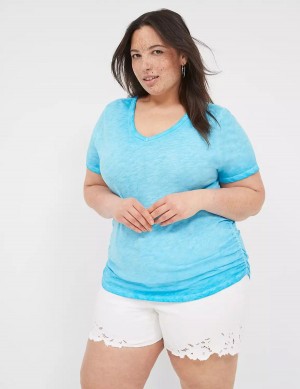 Lane Bryant Short-Sleeve V-Neck Side-Ruched Tee Women T Shirts Blue | VXB369MF