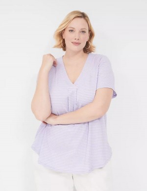 Lane Bryant Short-Sleeve V-Neck Top Women T Shirts Purple Stripes | SNL6659ZJ