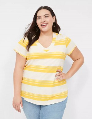 Lane Bryant Short Sleeve V-Neck Top Women T Shirts Yellow Stripes | NST7311GL