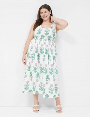 Lane Bryant Smocked-Bodice Women Midi Dress White Green | ZTF3171MM