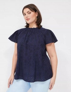 Lane Bryant Subtle Swing Cap Ruffle-Sleeve Eyelet & Knit Top Women T Shirts Blue | HPO5732GQ