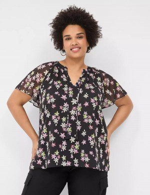 Lane Bryant Swing Flutter-Sleeve Popover Women Blouse Black Multicolor | PJE9278AT