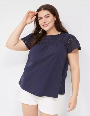 Lane Bryant Swing Flutter Sleeve Eyelet & Knit Tee Women T Shirts Blue | XOW9654GG