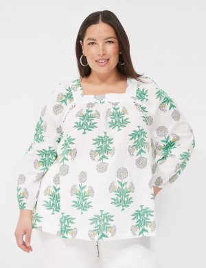 Lane Bryant Swing Square-Neck Peasant Women Blouse White Green | NMK1344EW