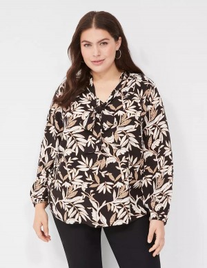 Lane Bryant Tie-Neck Popover Women Blouse Cream Brown Black | LOH7287EQ